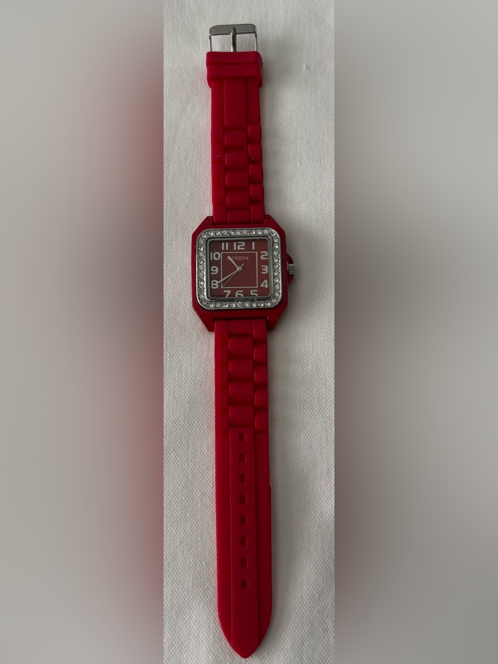 Geneva Red Square Rhinestone Accent Silicone Strap Watch